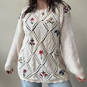 Vintage Floral Knit Cream Crochet Sweater